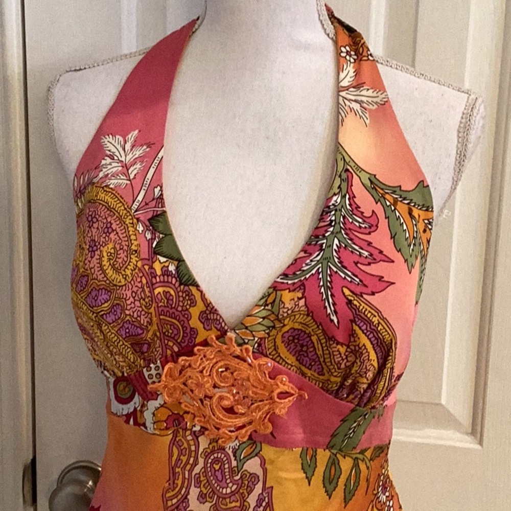 Cache Vintage Multicolor Silk Halter Top w/ Embellishments - Picture 2 of 12